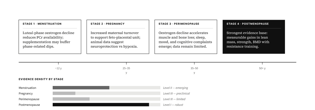 Figure 10. Creatine in women's health by reproductive life stage and evidence quality.