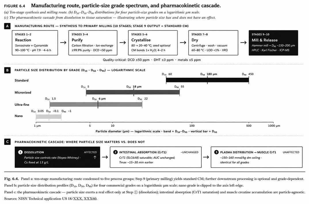 Figure 6.4: Manufacturing route, particle-size grade spectrum, and pharmacokinetic cascade.