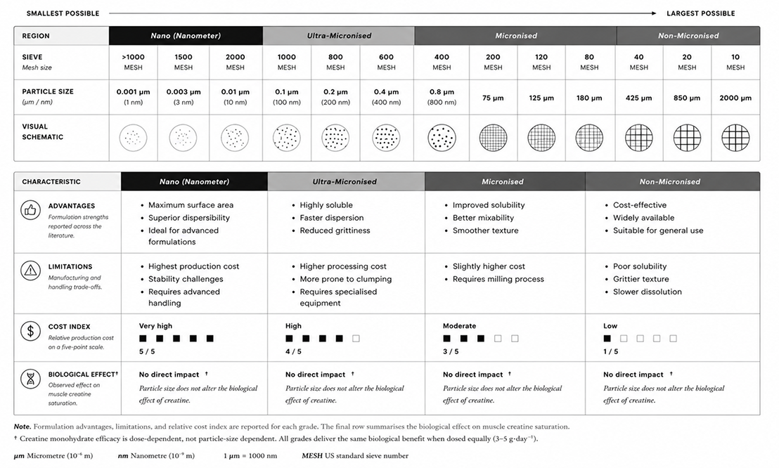 Figure 6.3: Particle-size grade comparison: production method, formulation properties, and limitations.