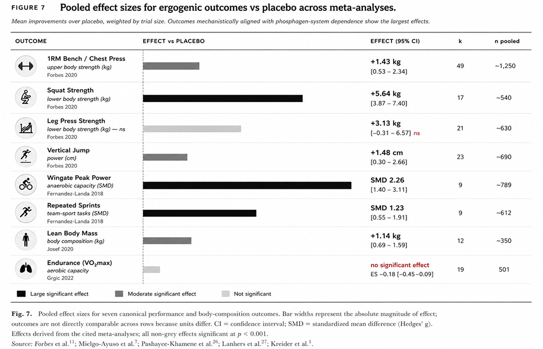 FIGURE 7: Pooled effect sizes for ergogenic outcomes vs placebo across meta-analyses.